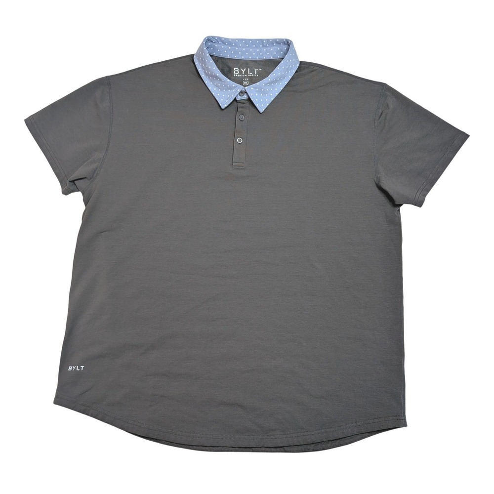 BYLT Lux Polo Shirt Mens XXL Gray Blue Polka Dot Collar Stretch Short Sleeve